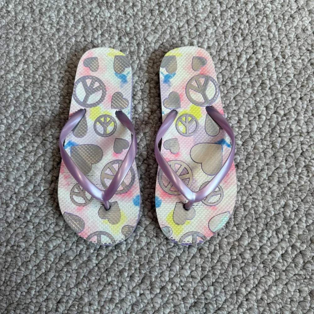 Girls Purple Tie Dye Peace Sign Heart Flip‎ Flops Sandals Size 3/4